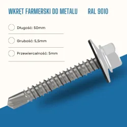 Wkręt farmerski do metalu 5,5X50 mm przewiercalność 5 mm w kolorze RAL 9010